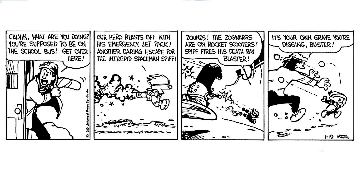 Calvin escapes a zogwarts with a jet pack in Calvin and Hobbes strip