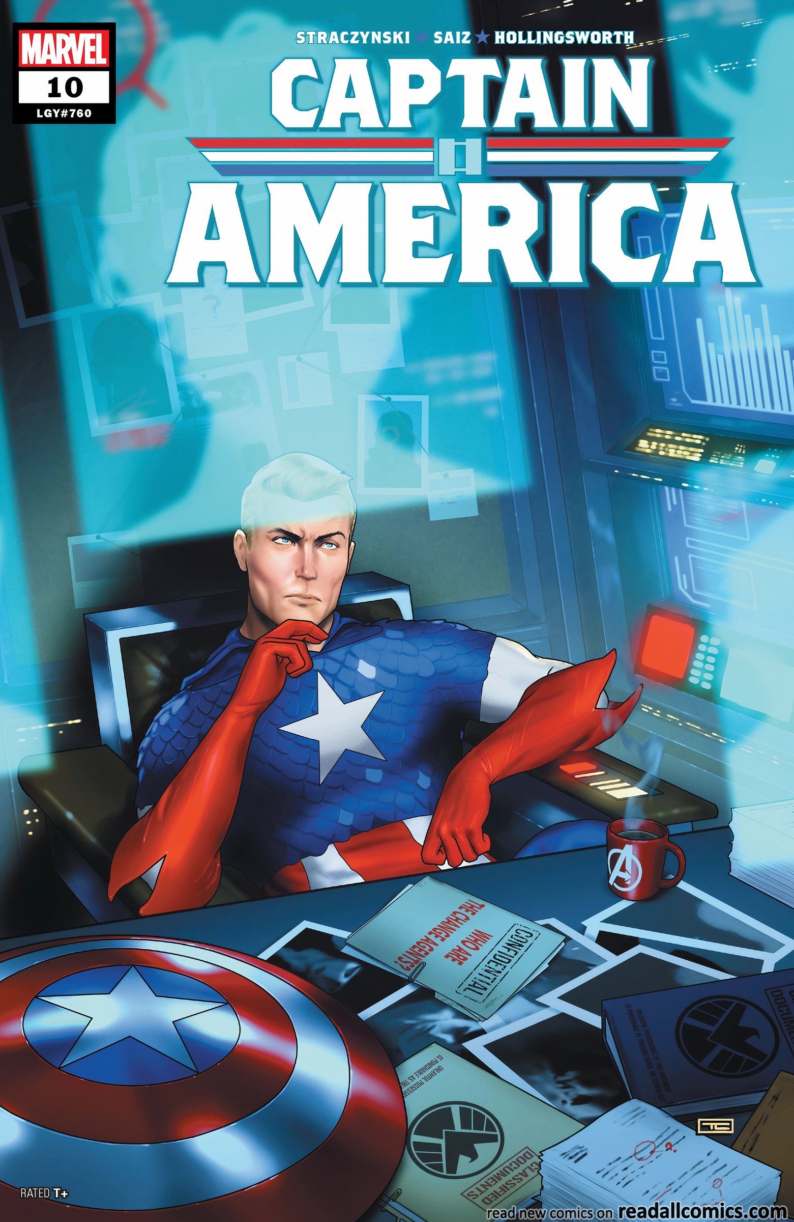 Um Capitão América desmascarado está sentado diante de uma tela azul, seu escudo e um arquivo confidencial. 