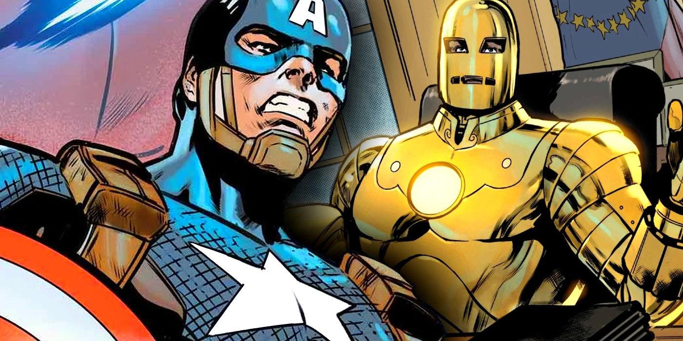 captain america and the villainous president midas who is wearing iron man's first gold armor 2