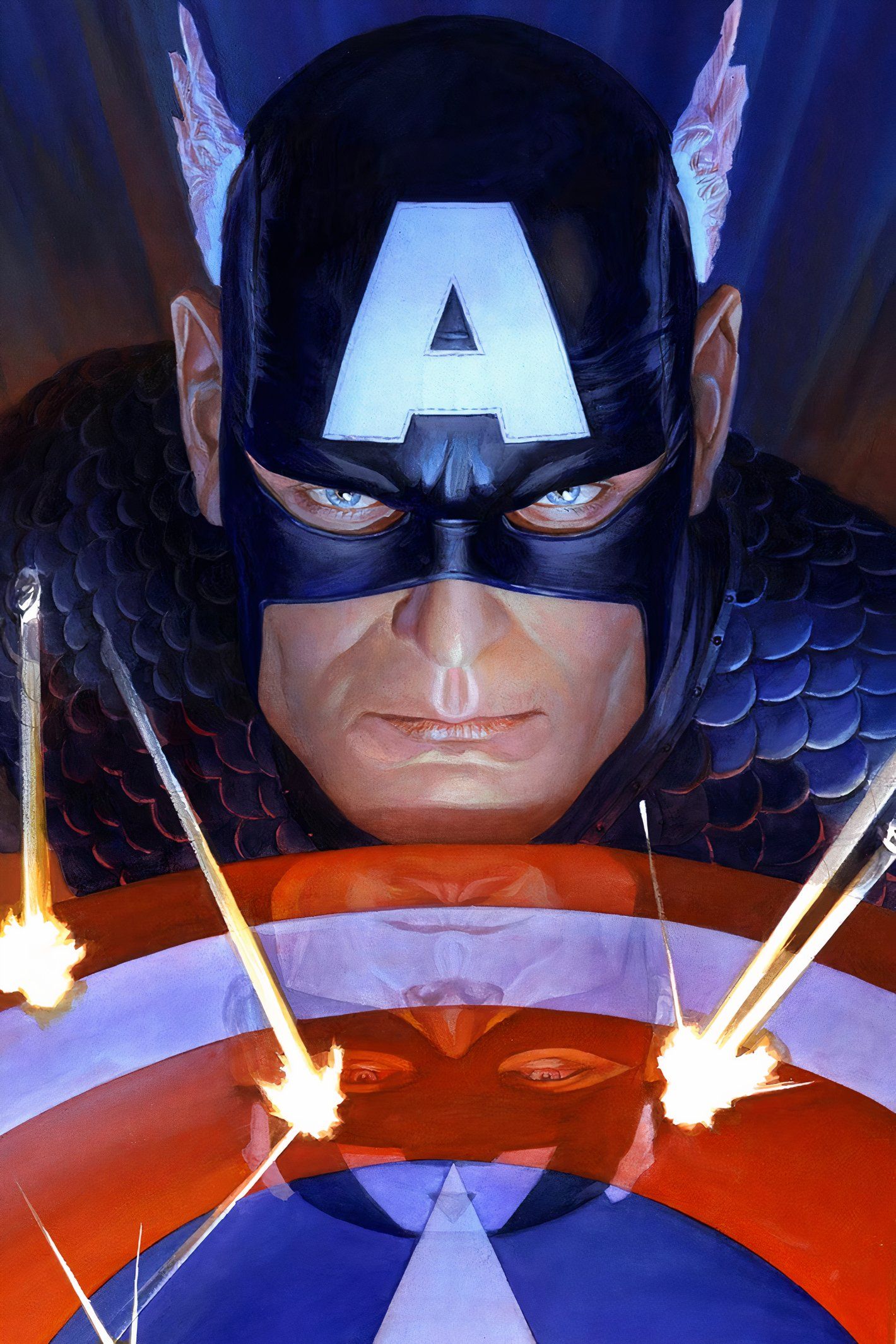 Captain America's face reflected in his shield as bullets ping off of it.