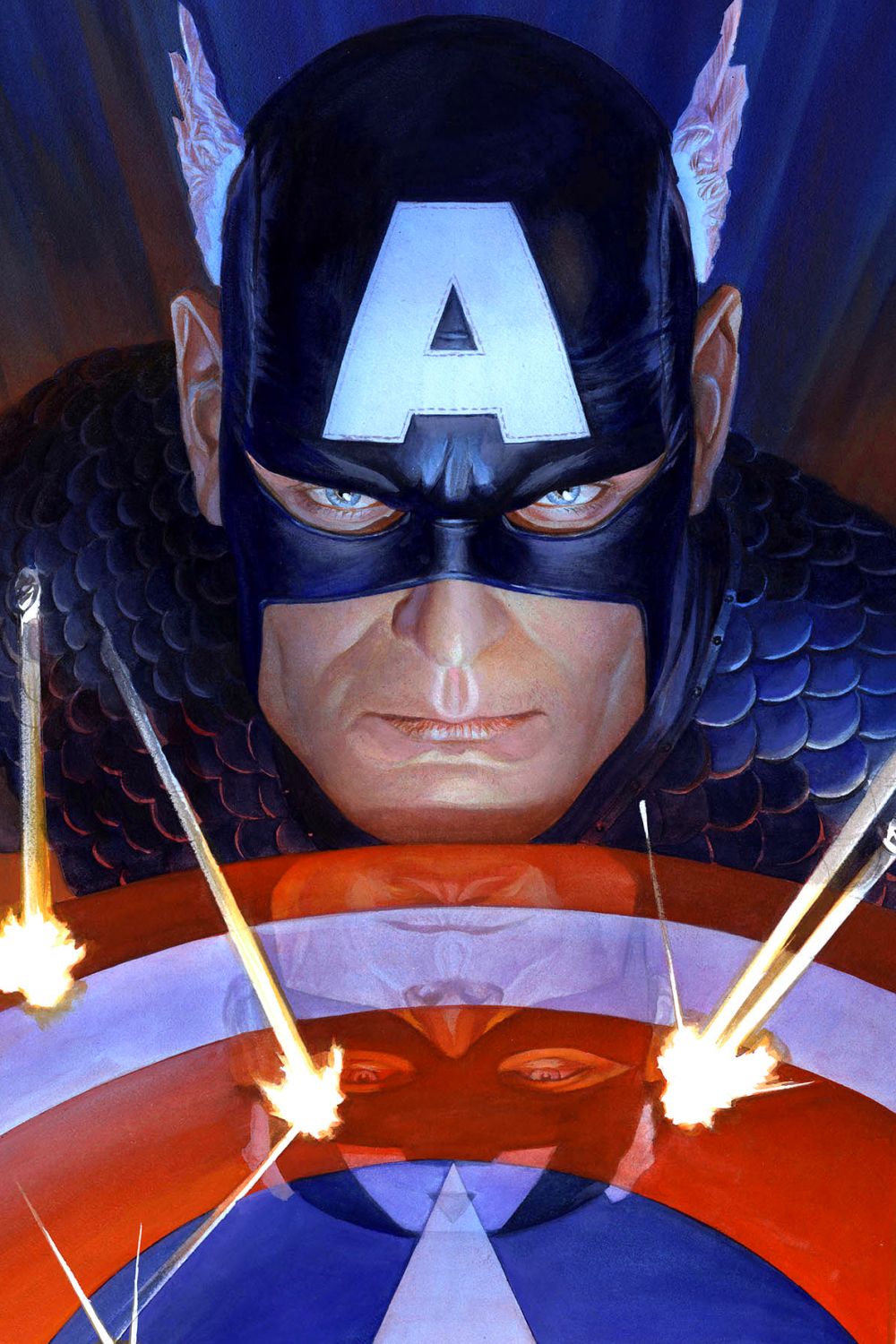 Rosto e escudo do Capitão América na capa dos quadrinhos de Alex Ross