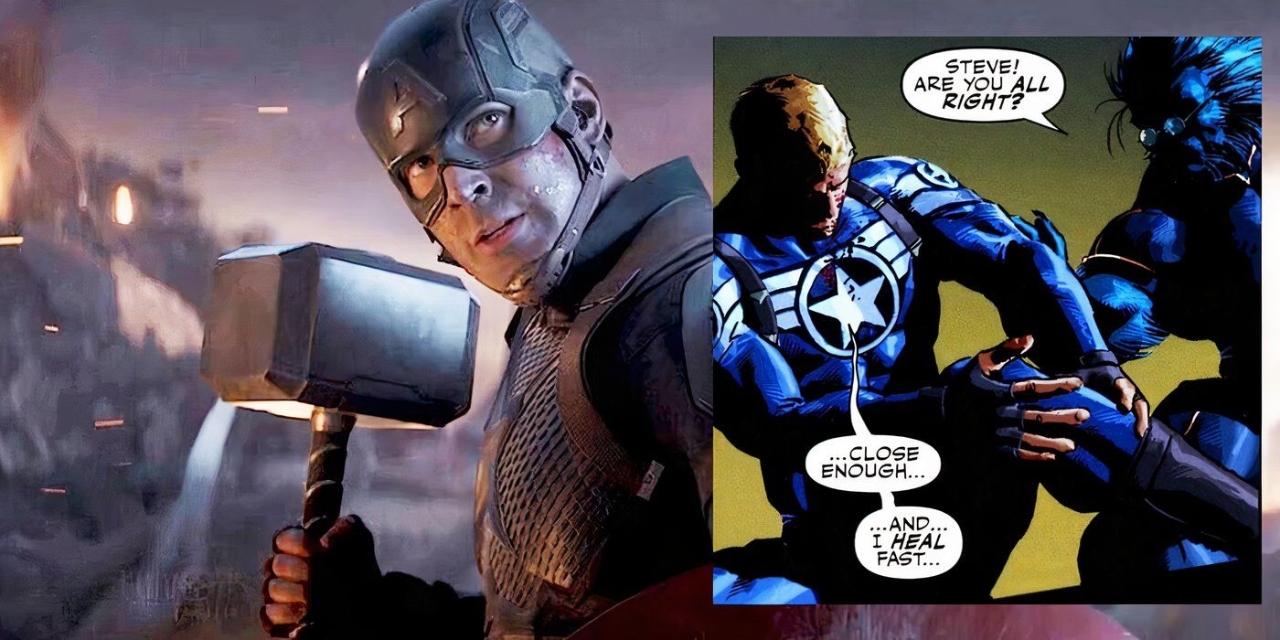 Captain America in comics showing healing factor over image of Captain America in Endgame holding Mjolnir