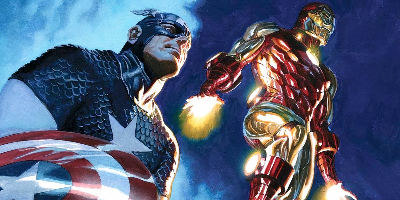 Alex Ross photorealistic painting of Captain America (left) and Iron Man (right.)