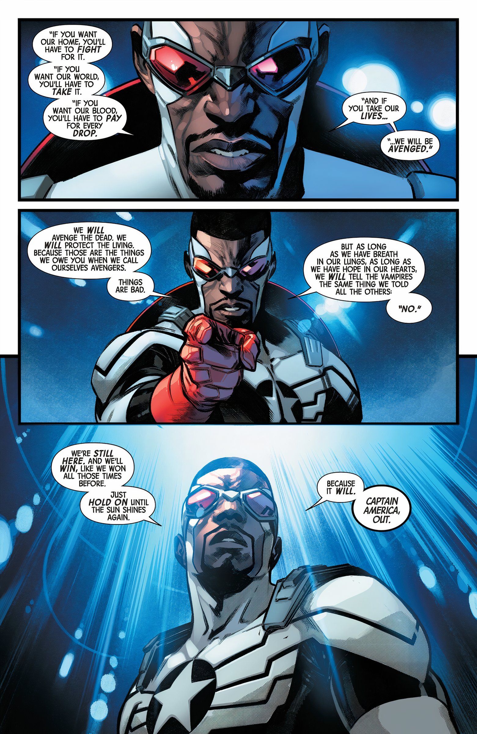 Three panels of Sam Wilson Captain America rallying the troops