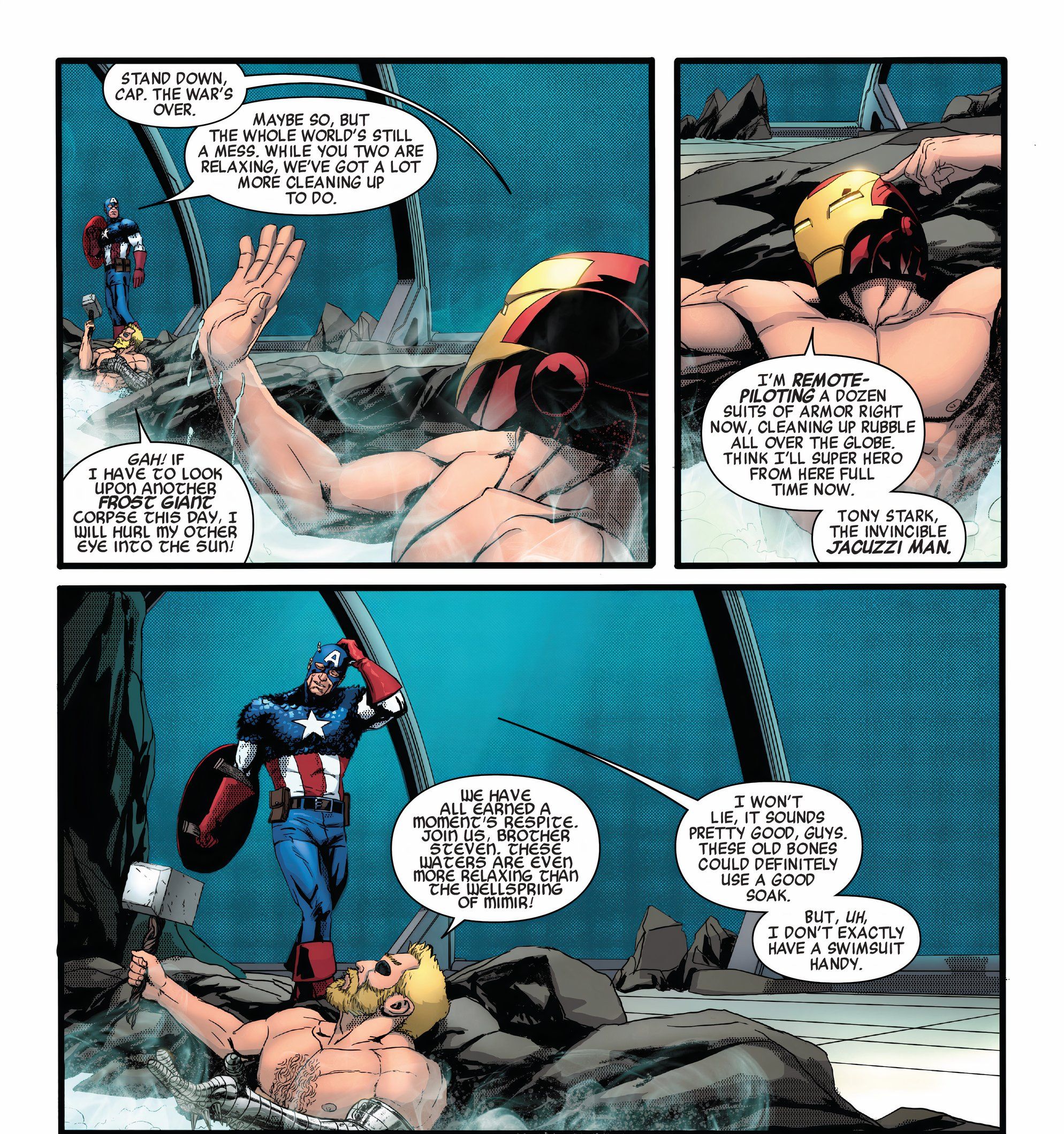 Captain America stands in his uniform and shield as Thor and Iron Man tempt him to get into a hot spring with them. 