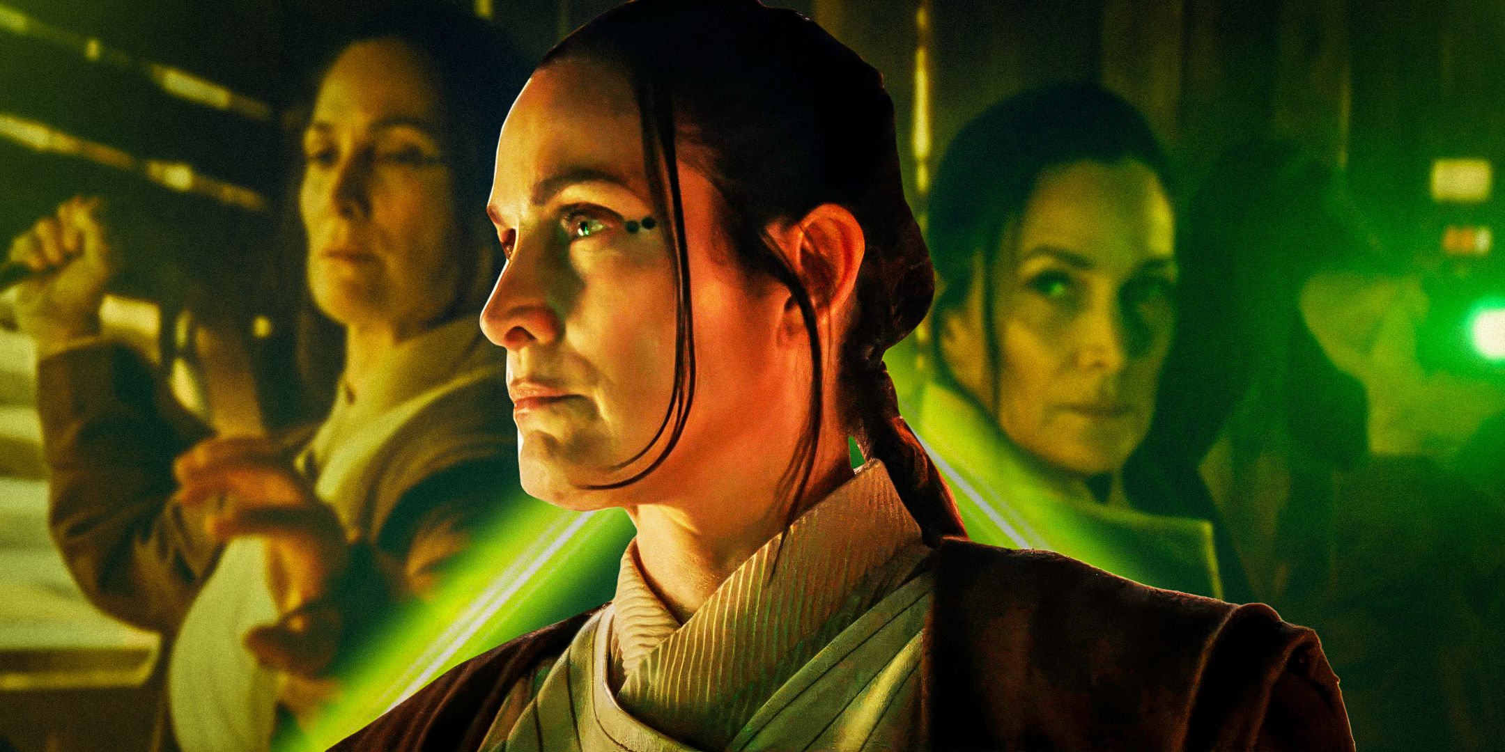 A combined image showing Carrie-Anne Moss as Master Indara from The Acolyte fighting to the left and holding a lightsaber to the right in the background and looking serious in the foreground