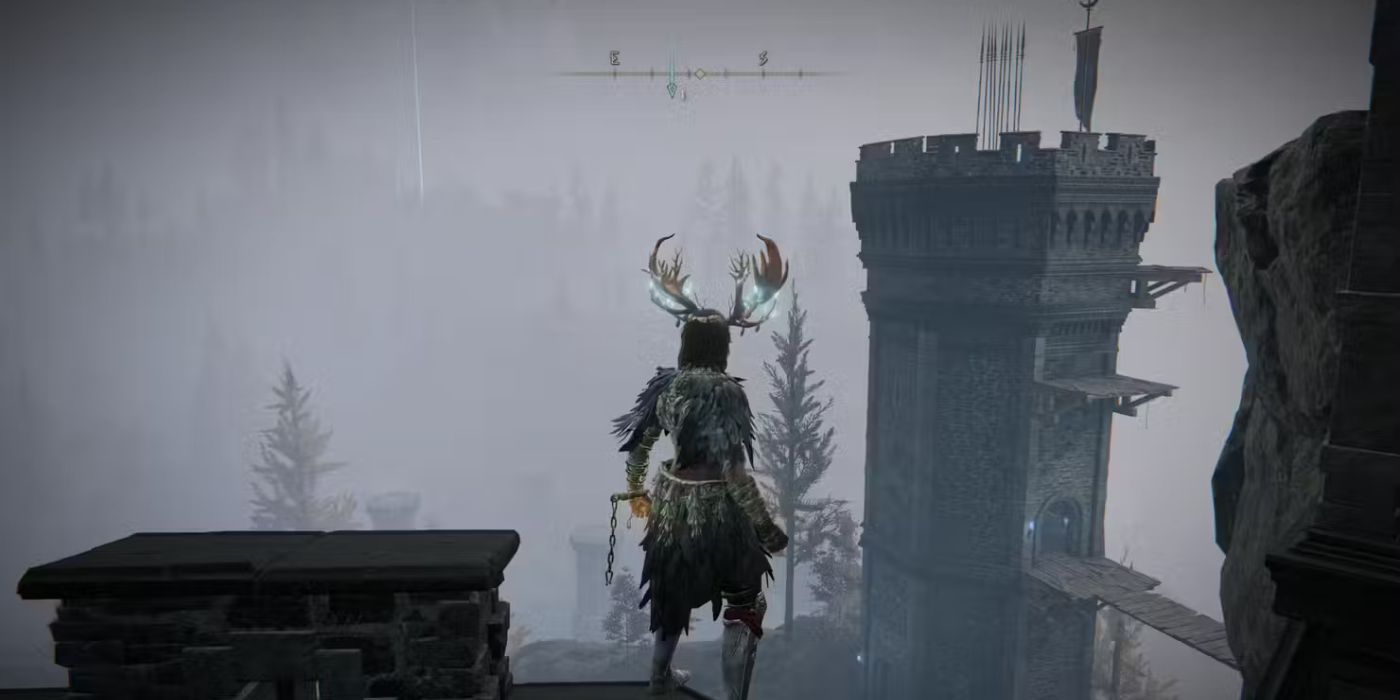 jogador explorando muralhas e telhados do Castelo Ensis em Elden Ring.