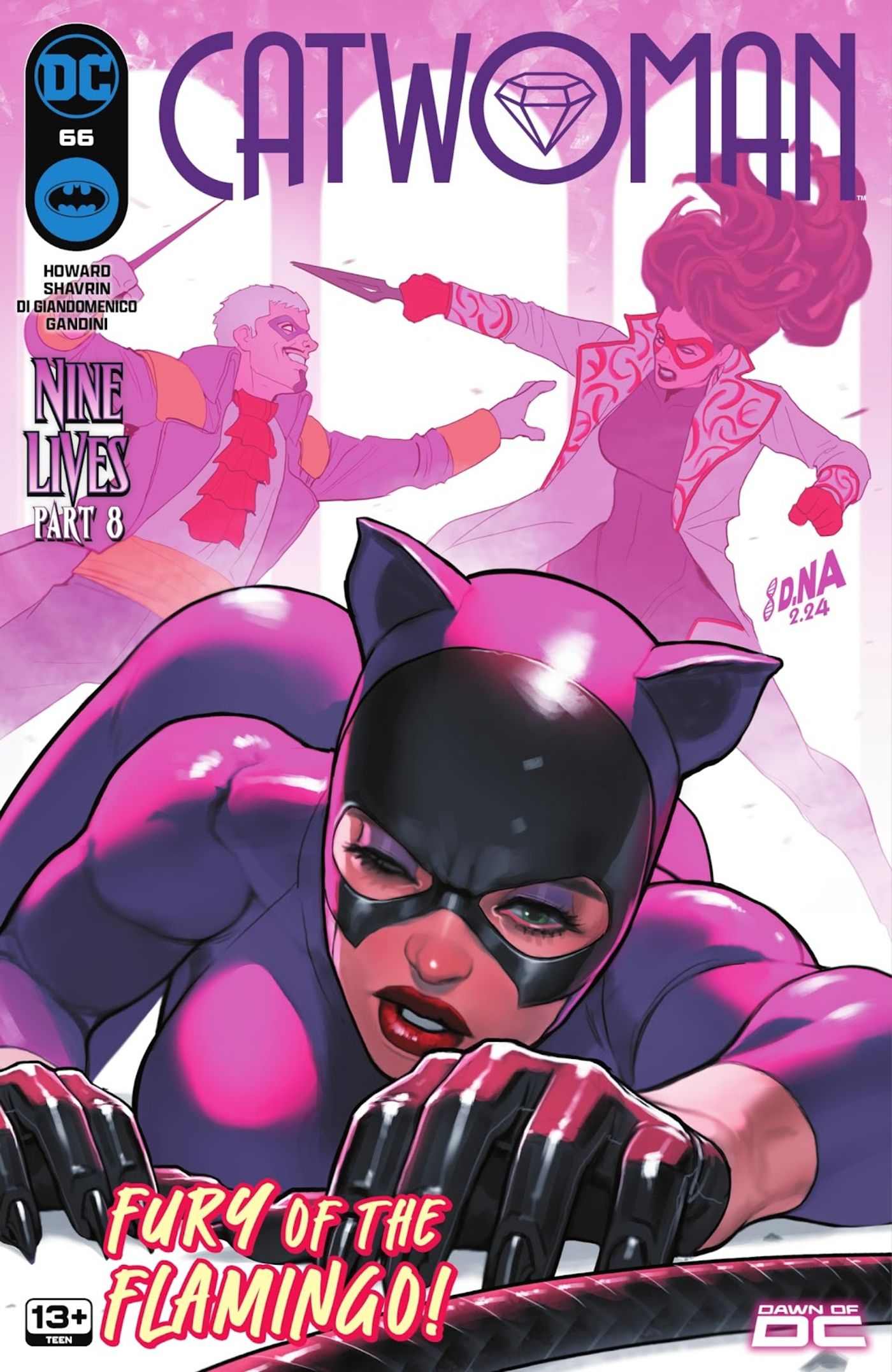 Catwoman wird während eines Kampfes auf dem Cover von Catwoman #66 ohnmächtig. 