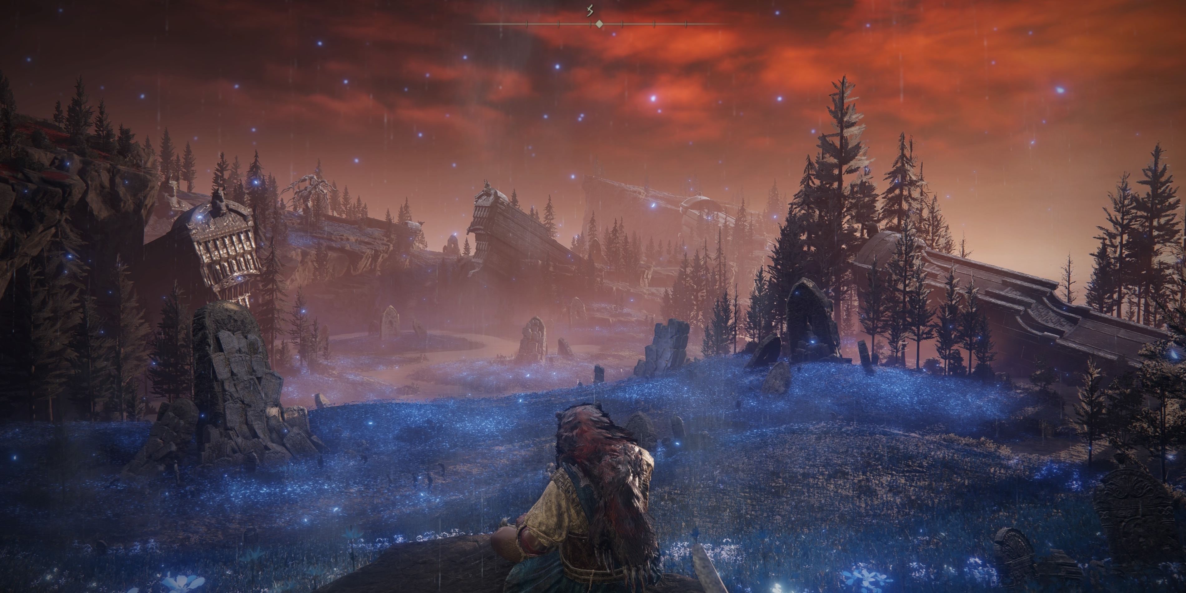 O jogador de Elden Ring está sentado em uma pedra com vista para uma planície ondulada de flores azuis brilhantes. Há caixões gigantes projetando-se da paisagem.