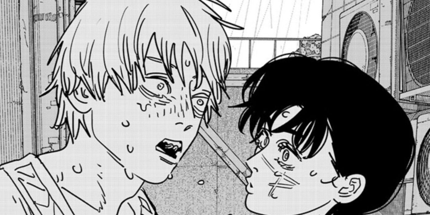 Chainsaw Man's Denji and Yoru react in shock to kissing in the middle of the rain.