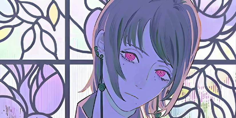 Chainsaw Man's Fami standing with her head tilted in front of a floral stained-glass window.