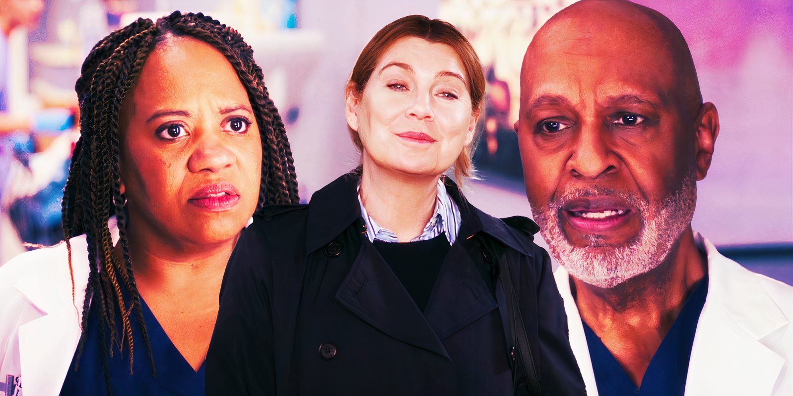 Chandra Wilson as Miranda Bailey, Ellen Pompeo as Meredith Grey and James Pickens Jr. as Richard Webber in Grey's Anatomy season 20 episode 10-1