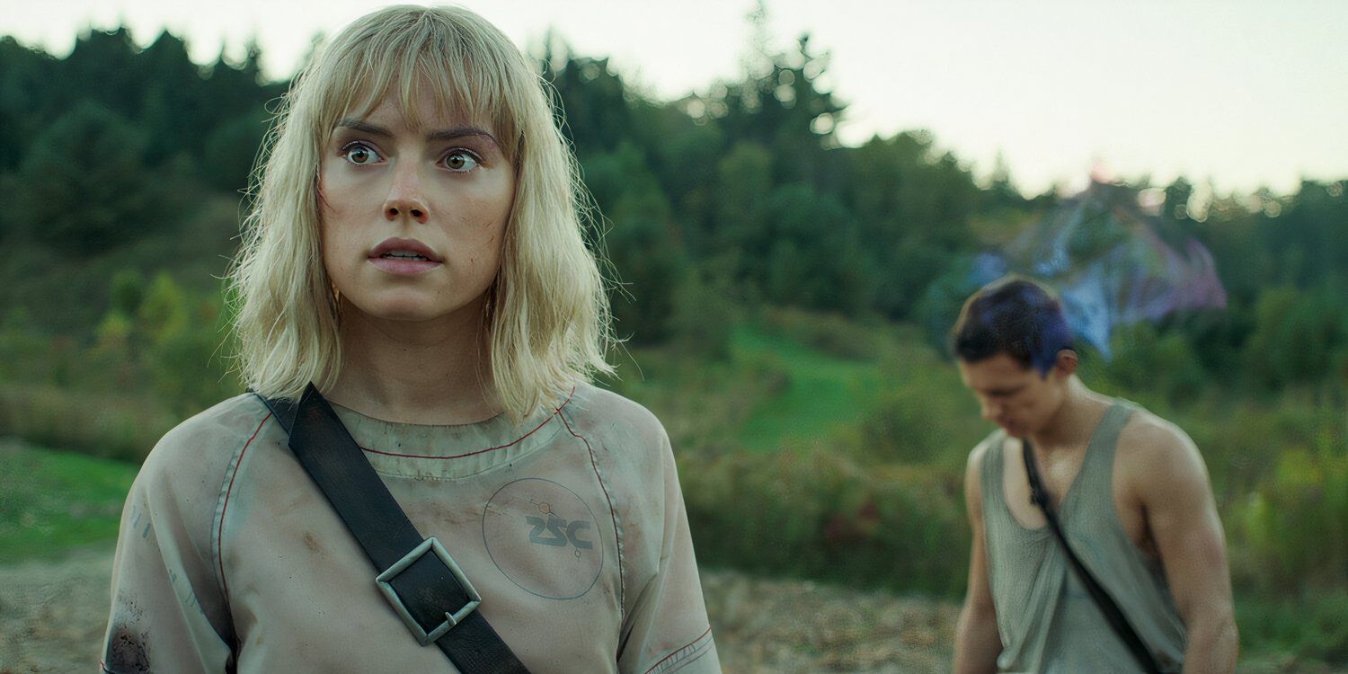 „Chaos Walking“ altas žiūri į priekį, o Todas žiūri žemyn, bandydamas nuslėpti savo triukšmą.