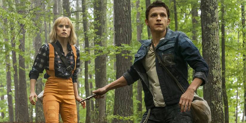 Chaos Walking's Viola and Todd run through the woods