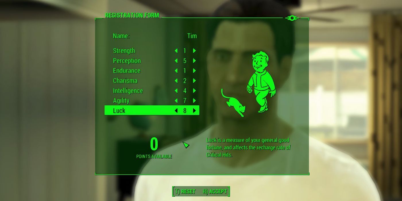 Personagem escolhendo suas estatísticas especiais iniciais em Fallout 4.