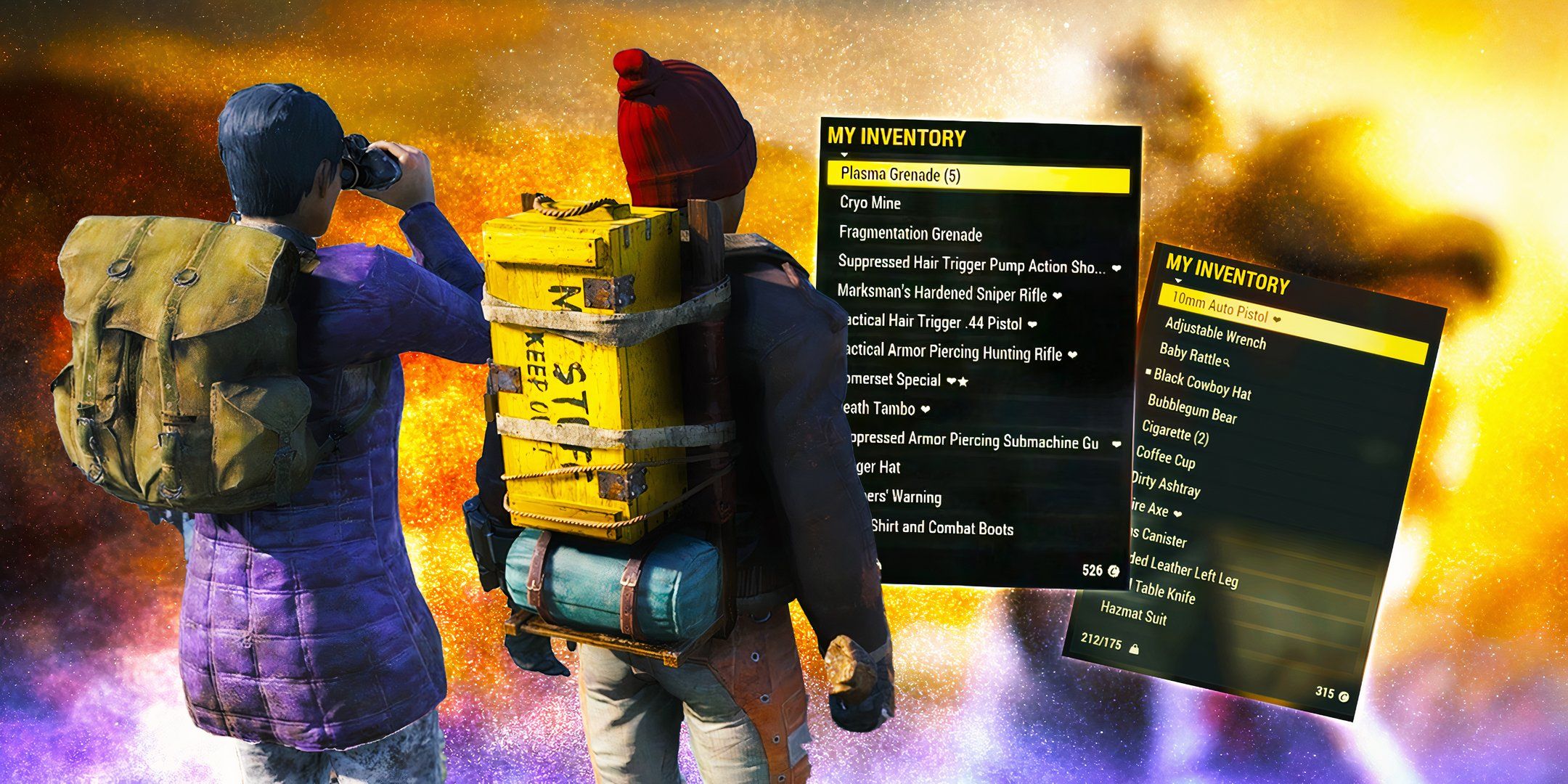 Character with backpacks with images of inventory menu from Fallout 76