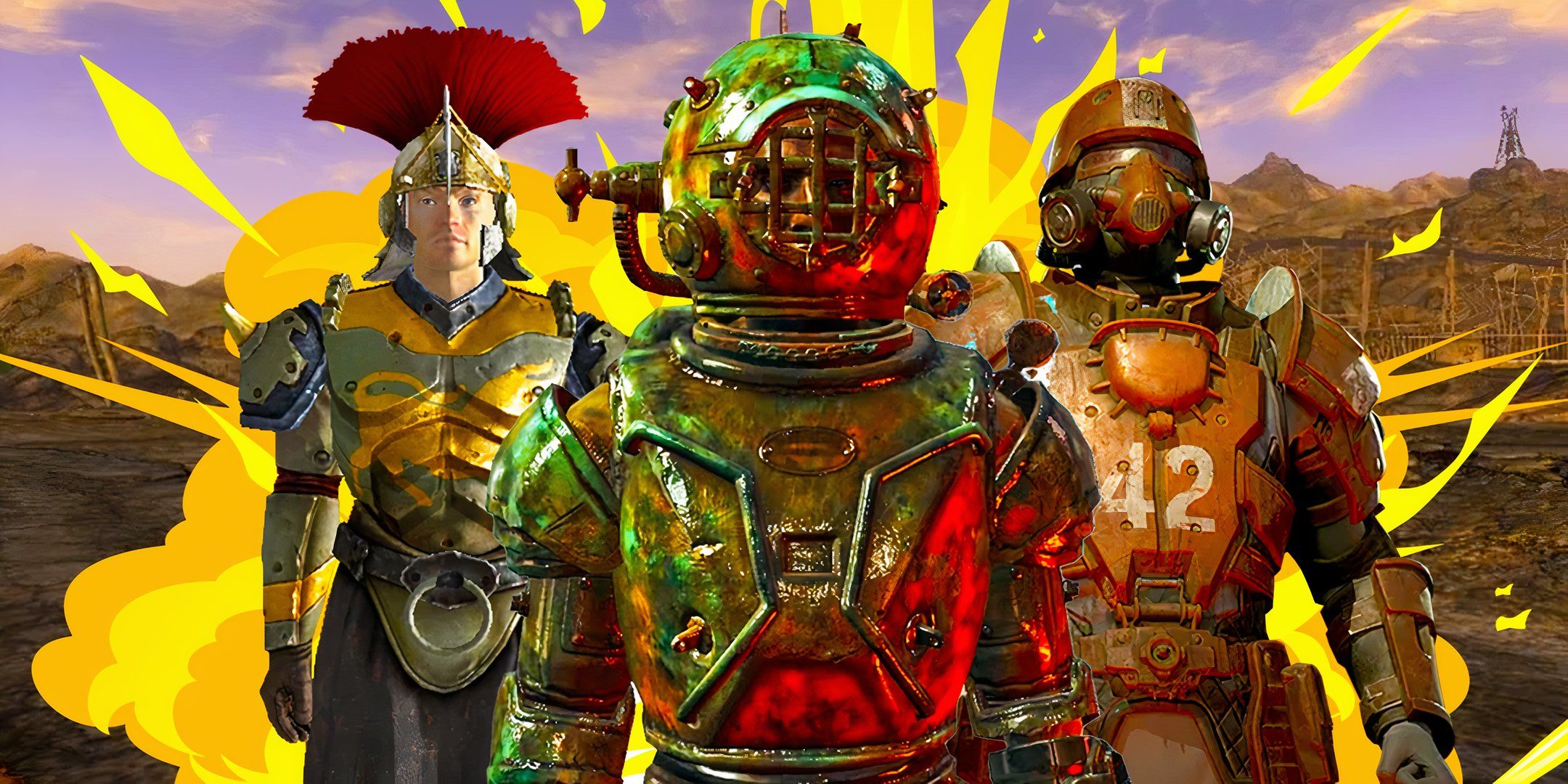 Characters wearing The Rescue Diver Suit, The Brotherhood Recon Armor, and The Armor Of The 87th Tribe from the Fallout Games