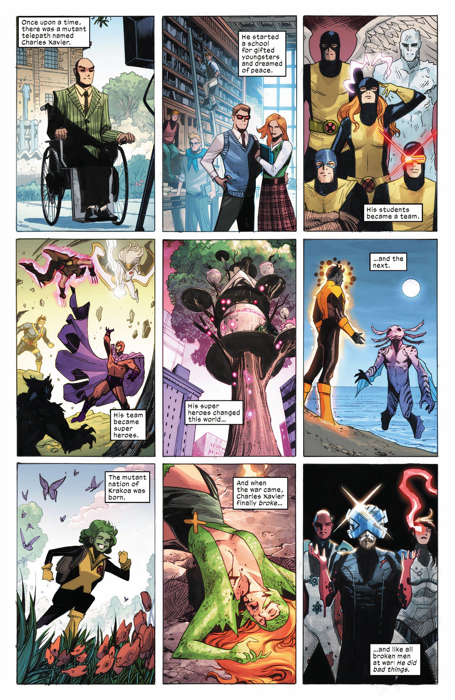 Panels depicting Charles Xavier and the early days of his original X-Men, Magneto, and other mutants. 