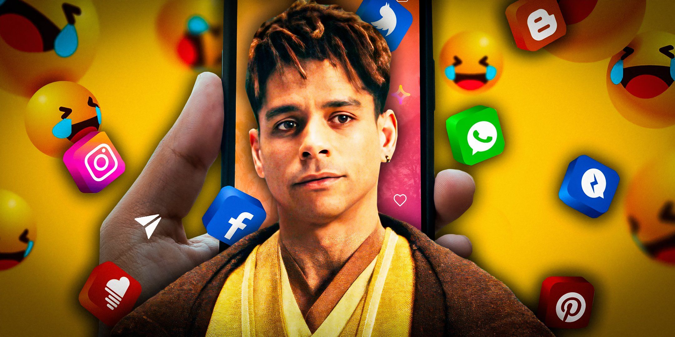 Charlie Barnett as Yord Fandar, edited with a hand holding a phone, laughing emoticons, and social media symbols