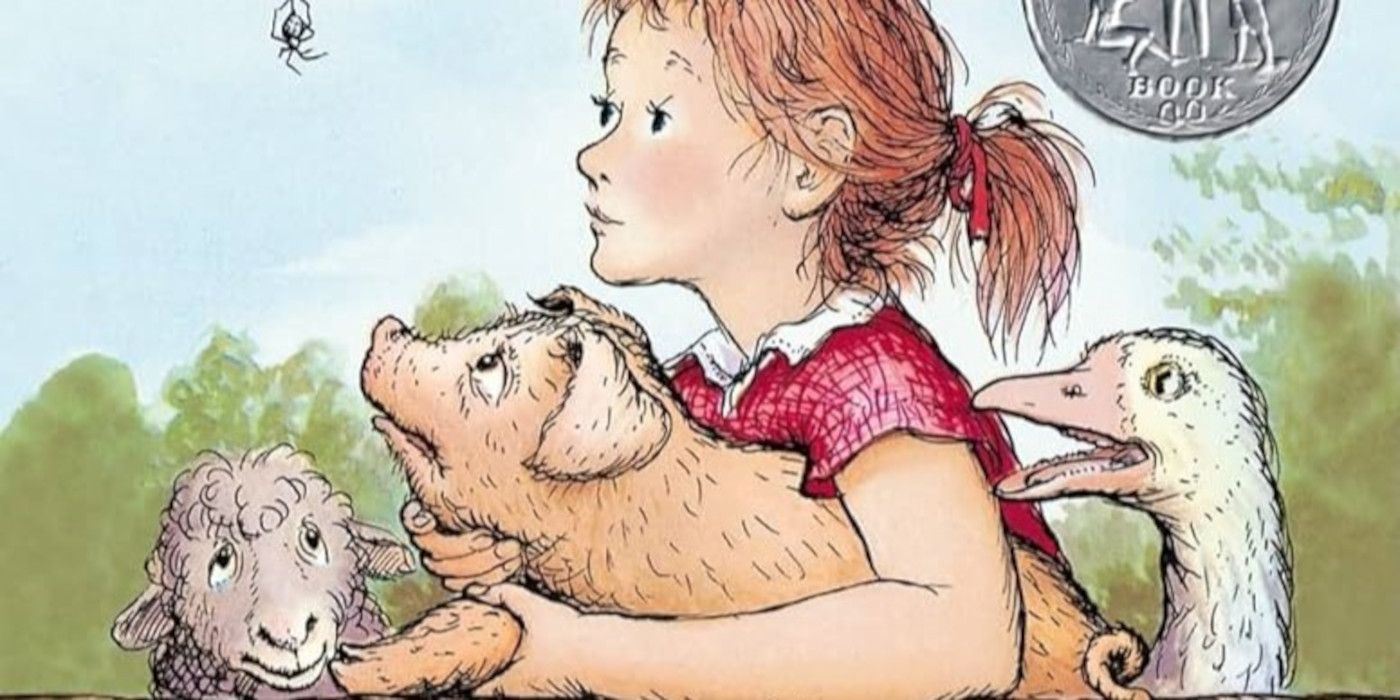 Charlotte's Web Cover apresentando uma garota com um porco, um ganso e uma ovelha