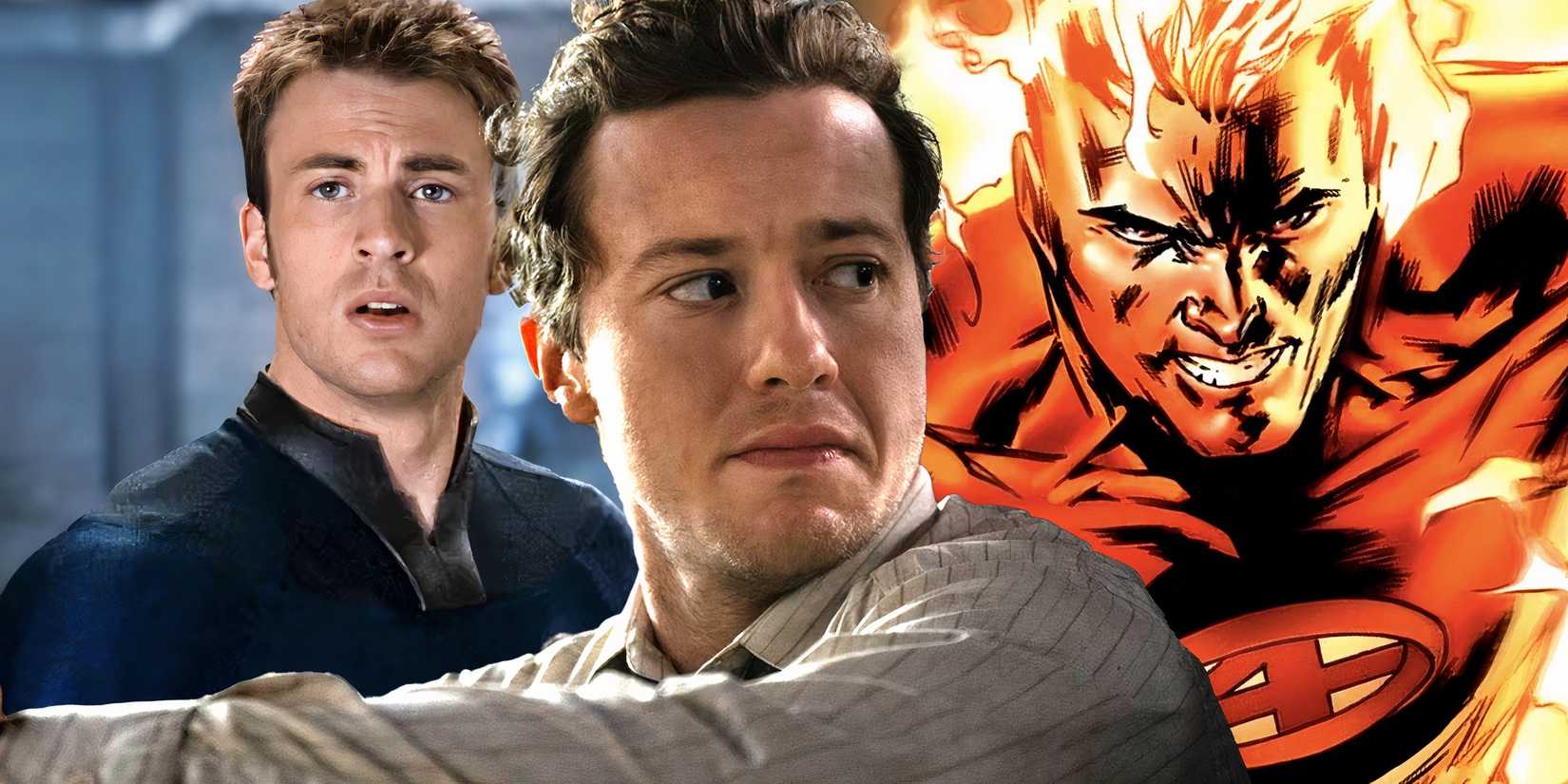 Chris Evans as Johnny looking shocked and Joseph Quinn looking at Human Torch comic in Fantastic Four header