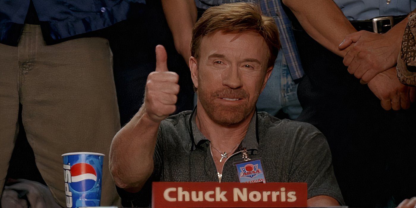 Chuck Norris giving the thumbs up as a judge in Dodgeball
