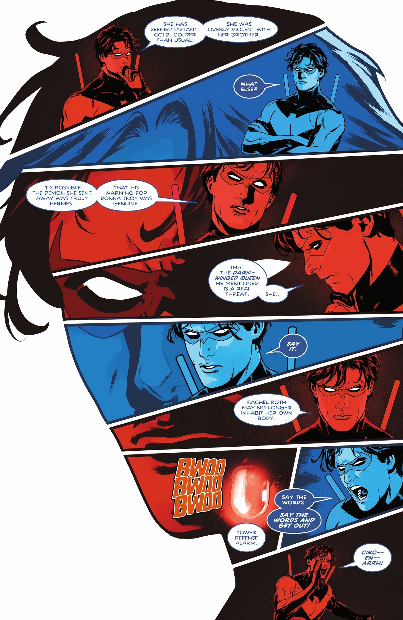Quadrinhos: versões mentais em vermelho e azul do Asa Noturna conversando dentro dos limites de sua cabeça.