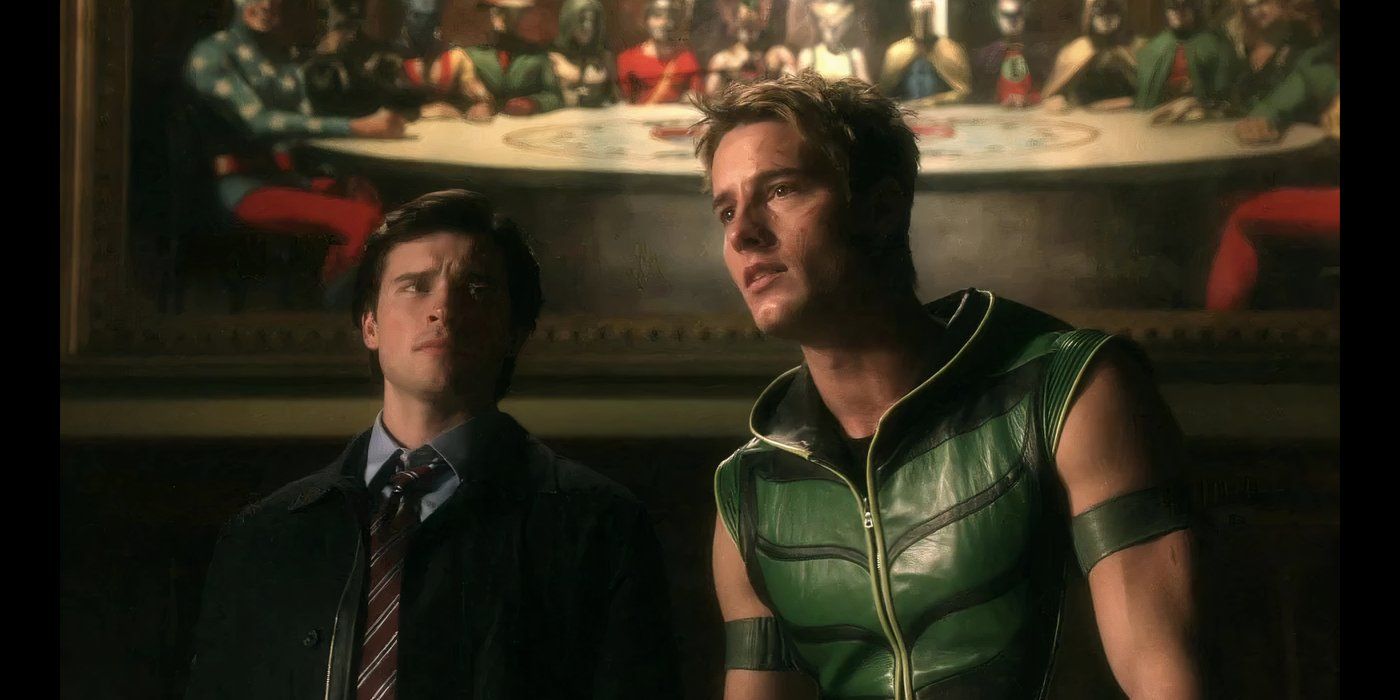 Clark Kent e Oliver Queen conversando em Smallville Absolute Justice