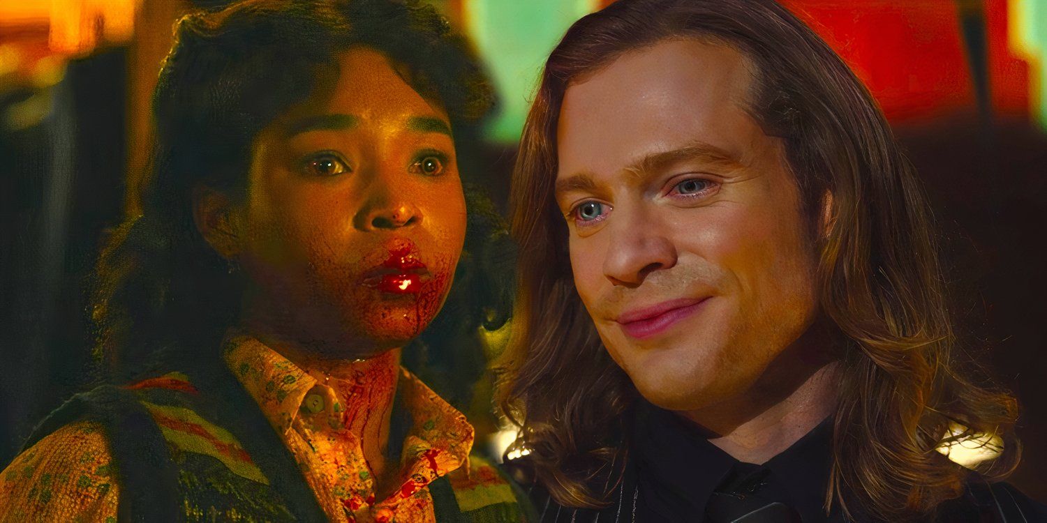Claudia with blood-stained lips next to Lestat smiling in Interview with the Vampire season 2