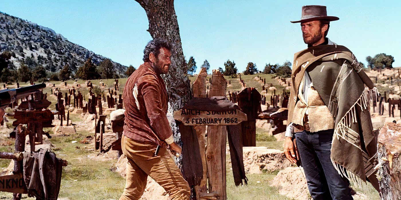Clint Eastwood na cena do cemitério de Três Homens em Conflito