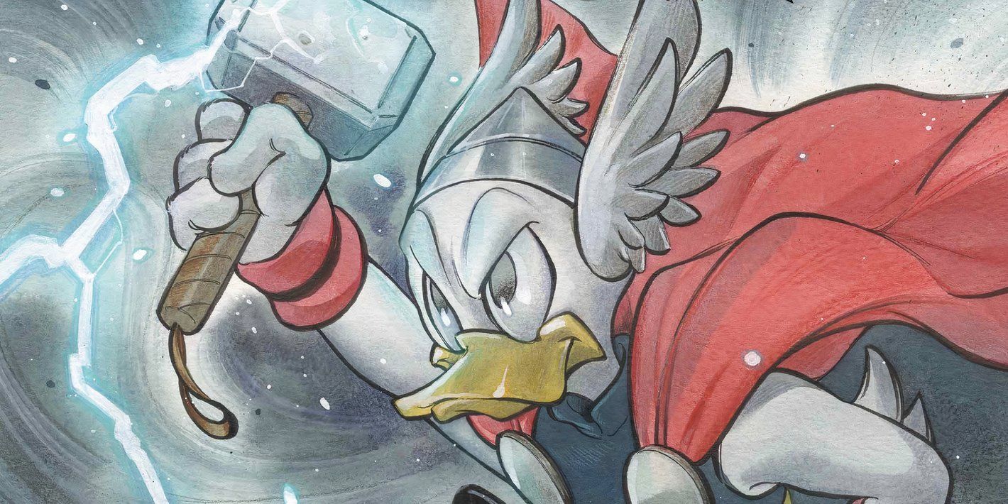Close up of Donald Duck as Thor flying through a stormy sky, wielding Mjolnir.