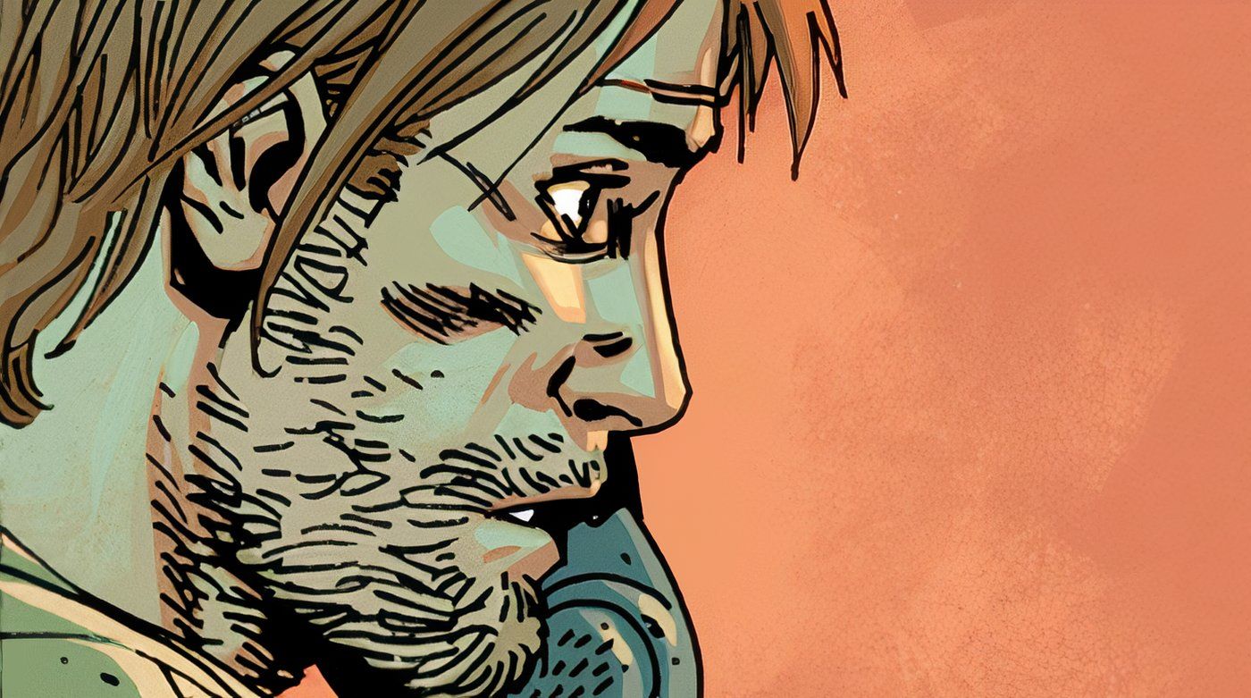 The Walking Dead Deluxe #51, close-up of Rick Grimes holding telephone to his ear.