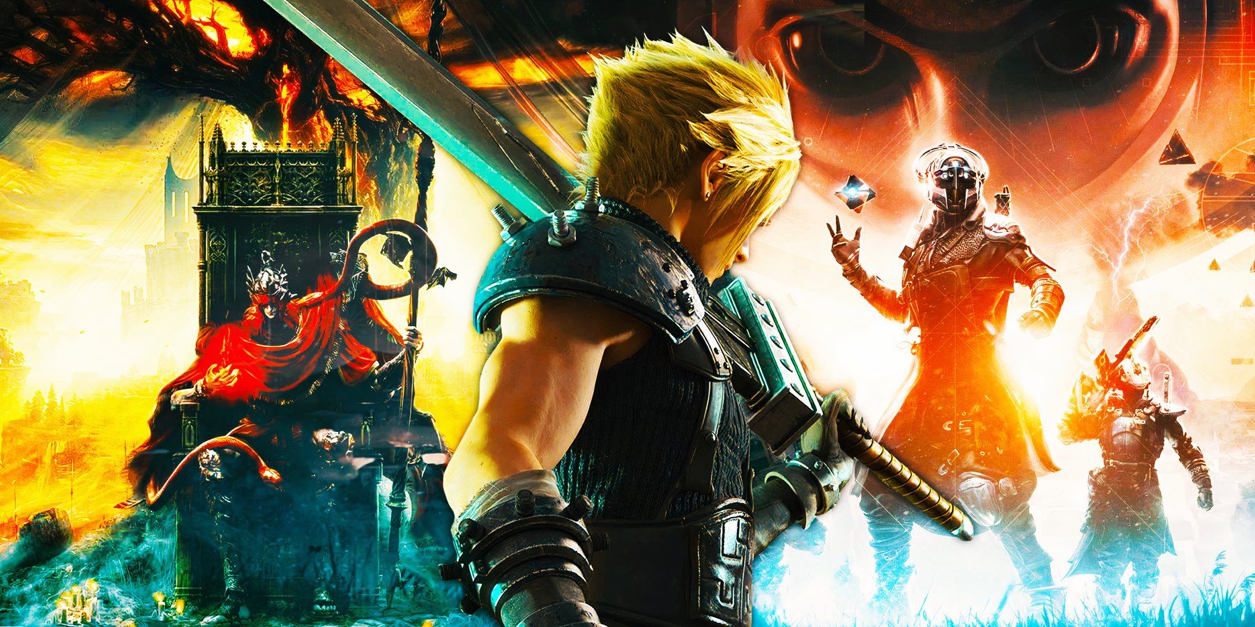 Nube de Final Fantasy VII Rebirth con imágenes de Elden Ring y Destiny 2