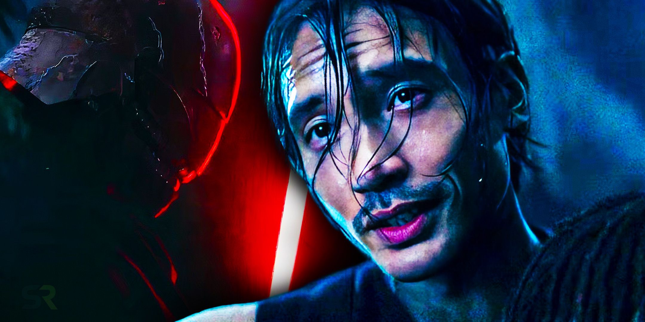 Manny Jacinto to the right as the Stranger in The Acolyte and the masked Sith to the left in a combined image