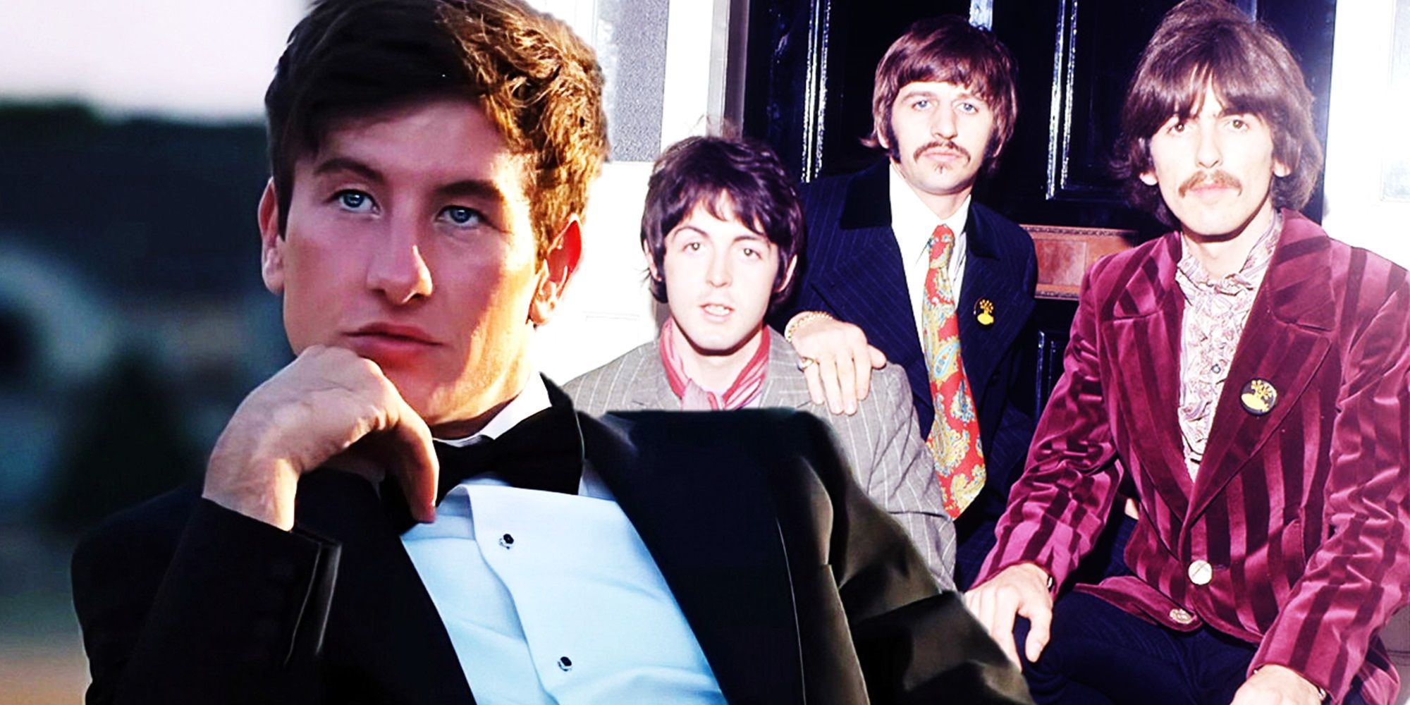 Collage of Barry Keoghan in Saltburn and a promo shot of the Beatles