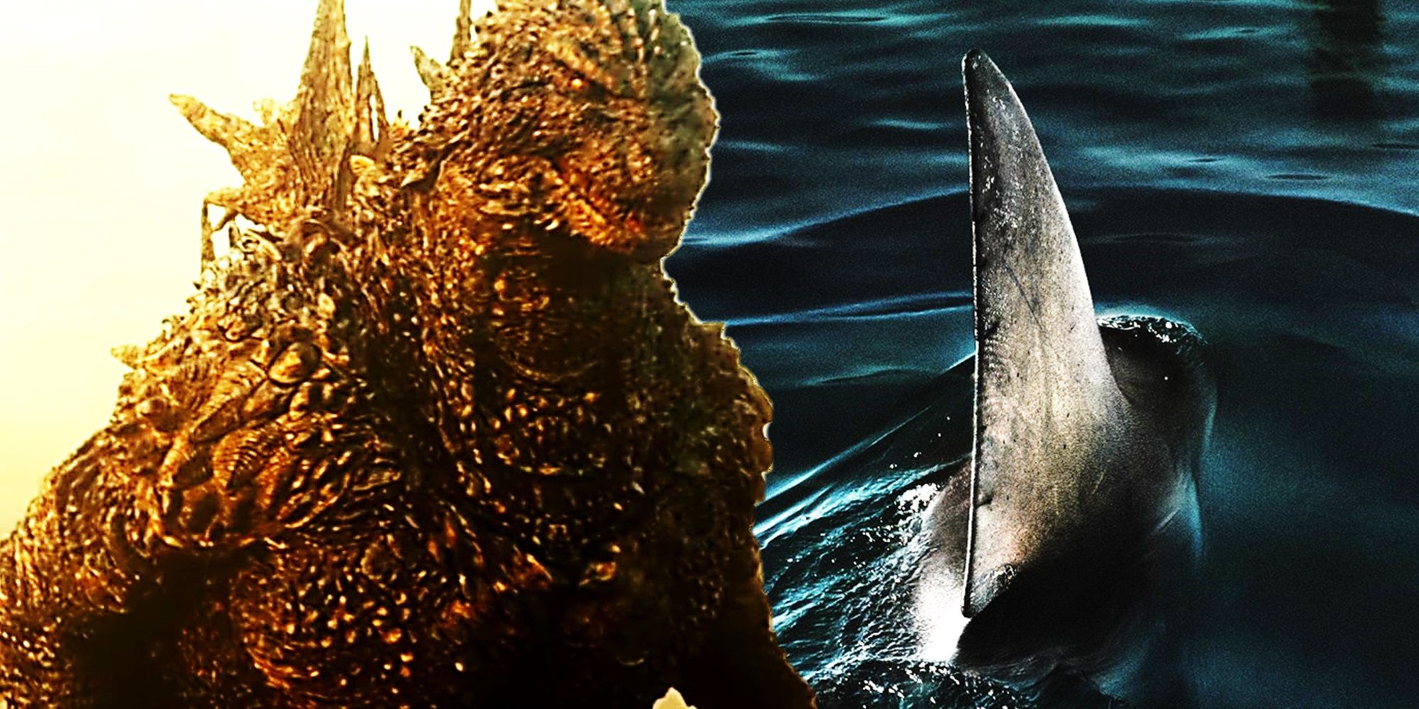 Collage of Godzilla in Godzilla Minus One and the shark in Under Paris