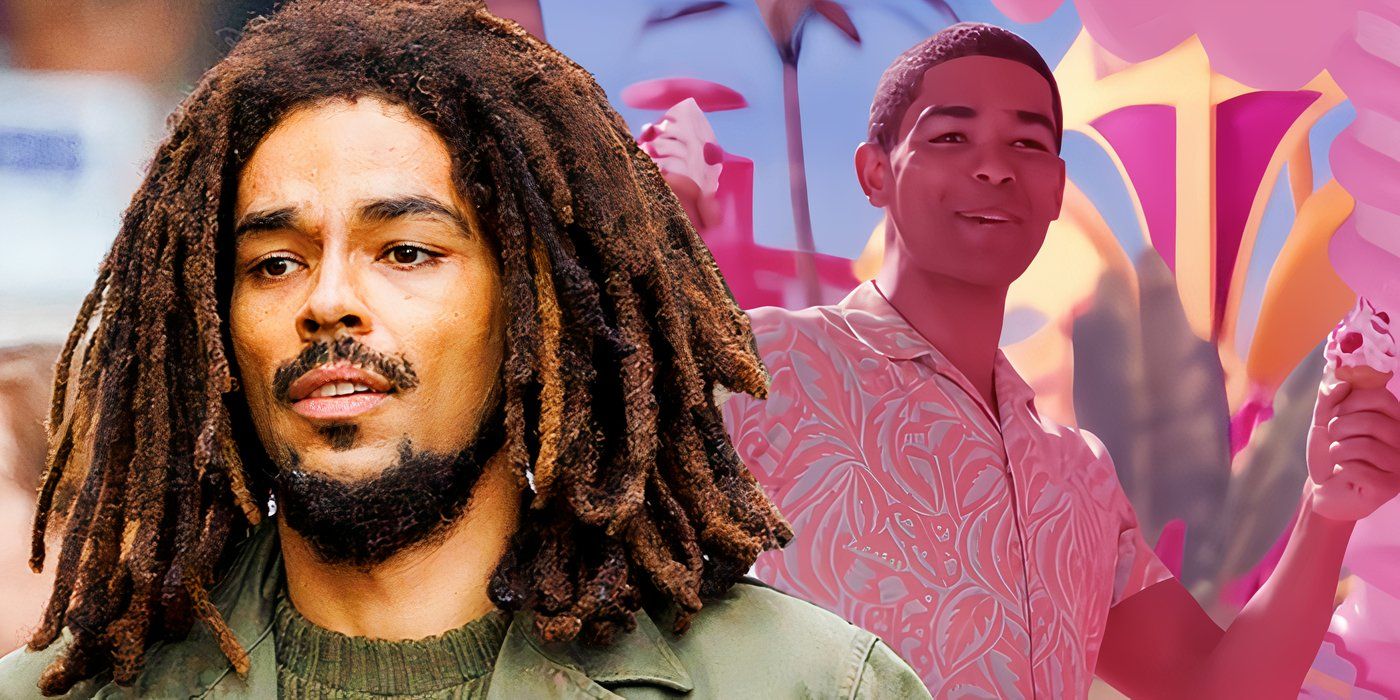 Collage of Kingsley Ben-Adir as Bob Marley in One Love and Ken in Barbie.