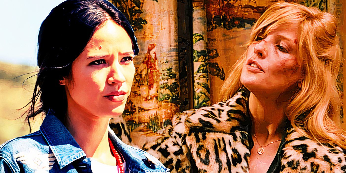 Collage of Monica (Kelsey Asbille) and Beth (Kelly Reilly) in Yellowstone.