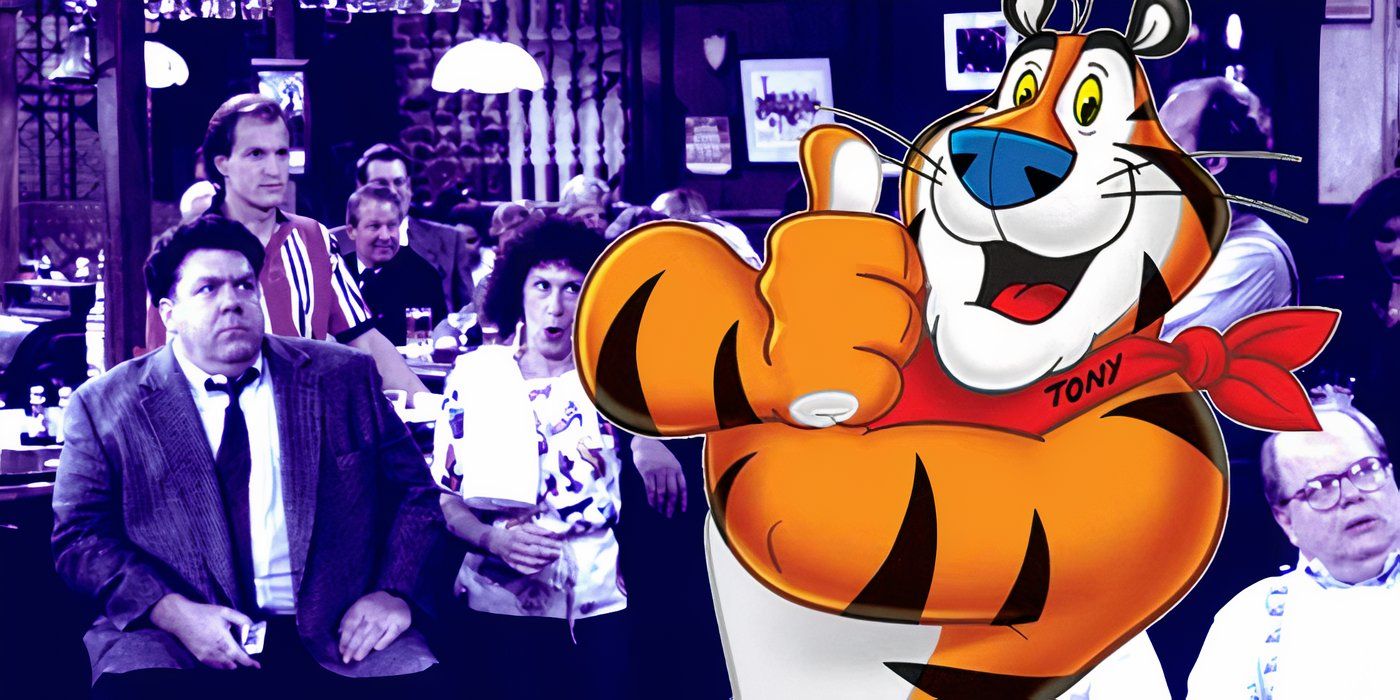 Collage of Frosted Flakes' Tony the Tiger and the cast of Cheers.