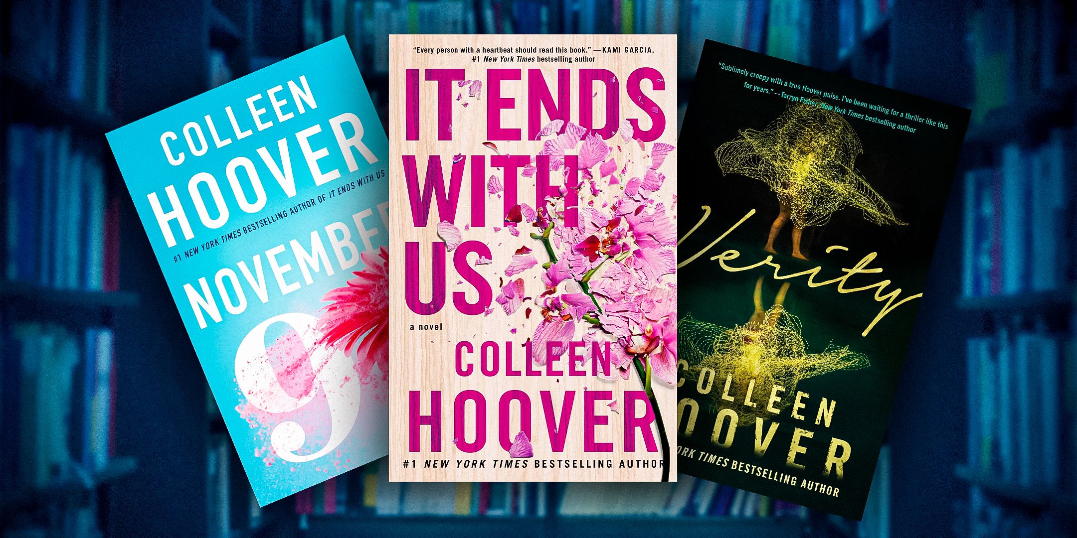 The covers of the books November 9, It Ends With Us, and Verity by Colleen Hoover