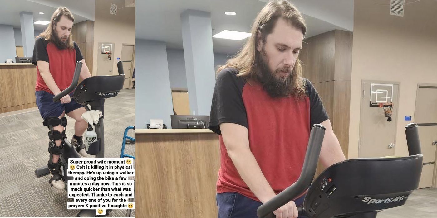 Colt Johnson In 90 Day Fiance exercising with a cast on his leg with long hair and beard