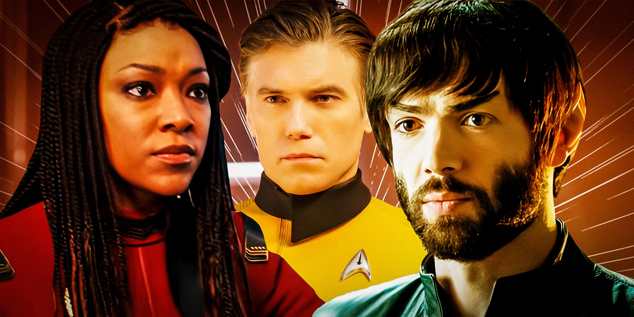 Commander Burnham (Sonequa Martin-Green), Captain Pike (Anson Mount), and Spock (Ethan Peck) in Star Trek: Discovery.