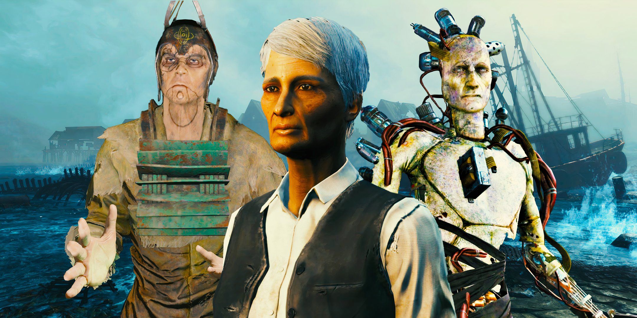 Confessor Tektus, DiMA and Captain Avery from Fallout 4 Far Harbor DLC with imagery from the game