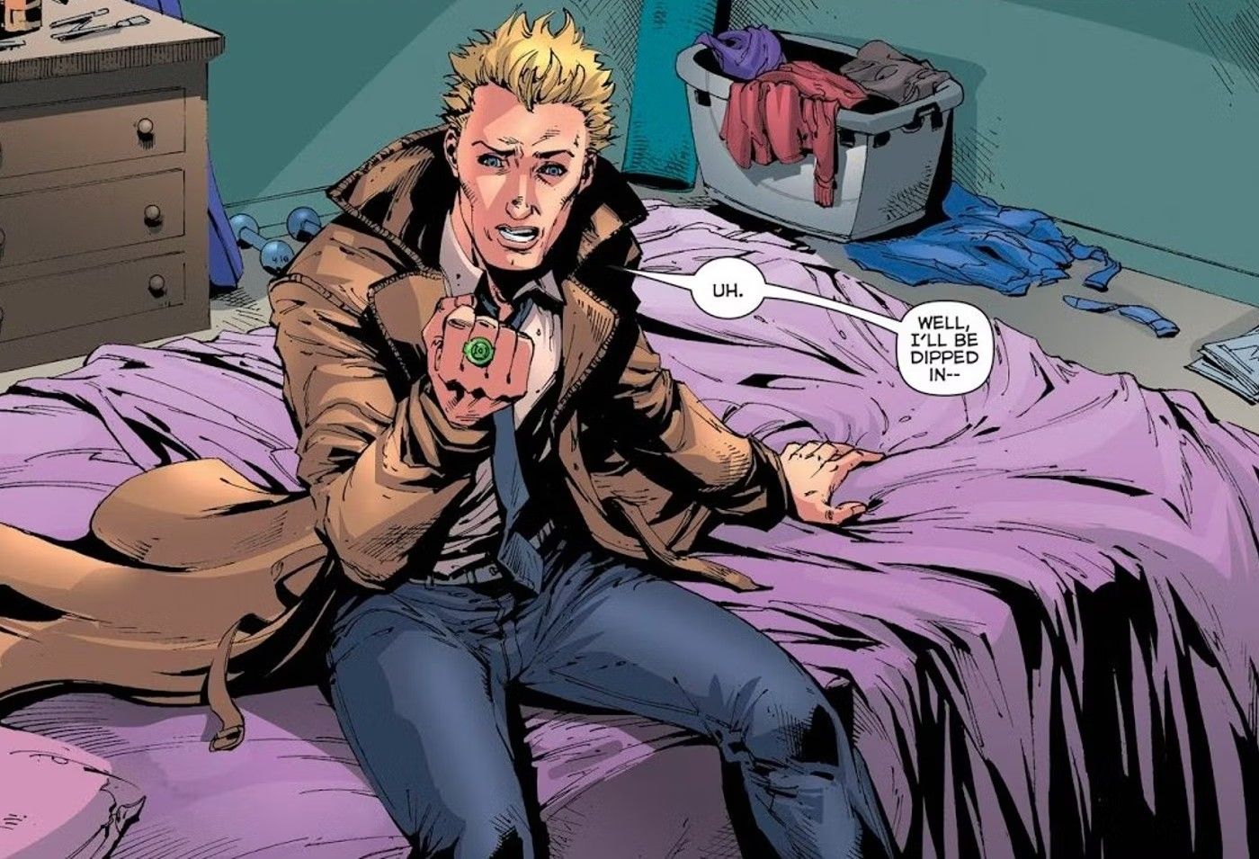 Comic book panel: John Constantine sits on a bed and wears a Green Lantern ring.