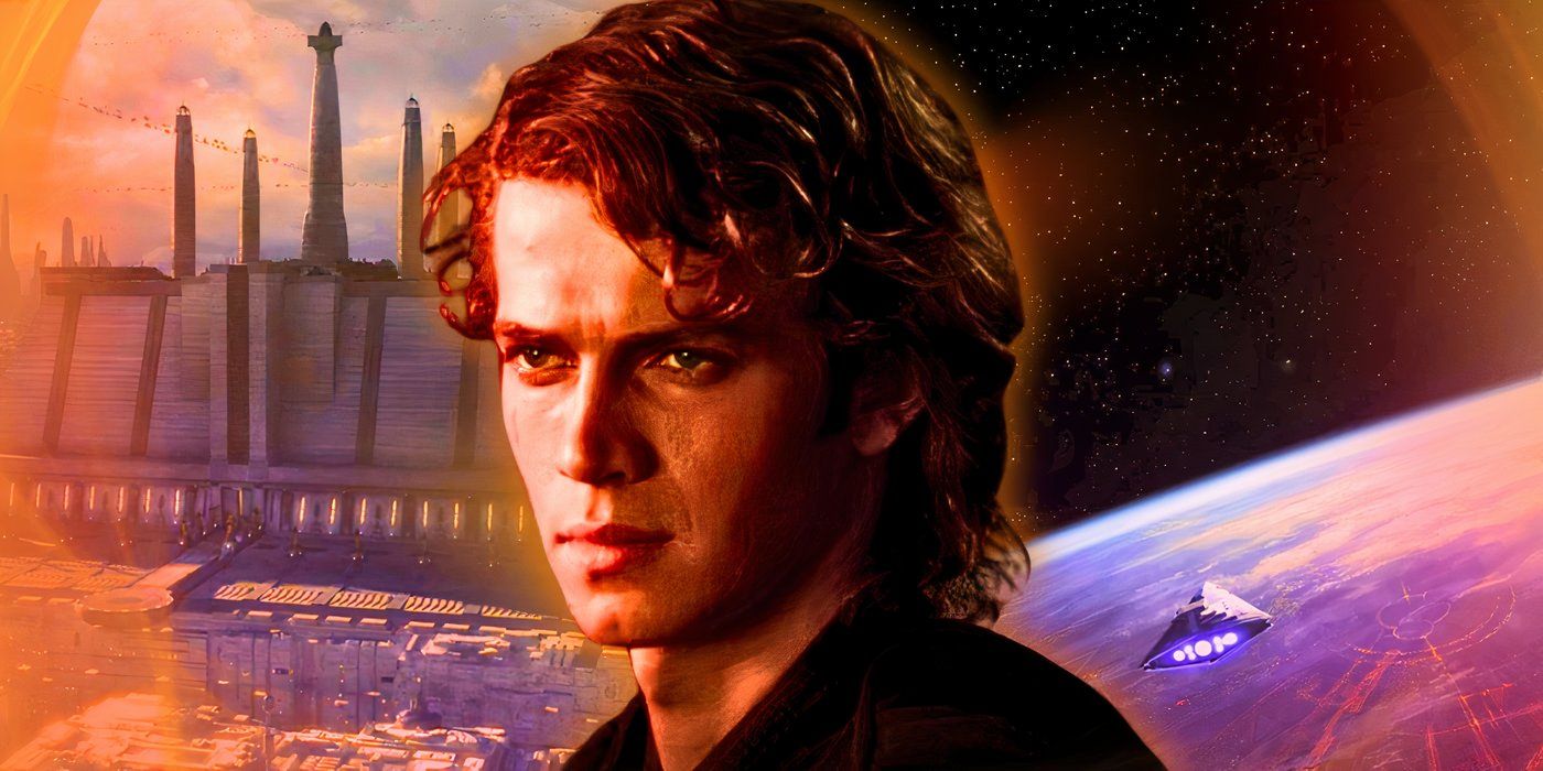 Hayden Christensen as Anakin Skywalker in front of establishing shots of the Jedi Temple and the surface of Coruscant in Star Wars