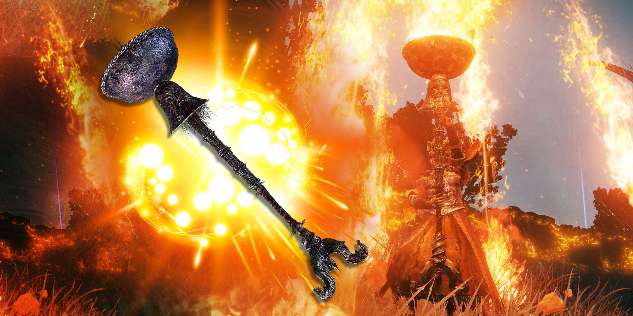 Elden Ring background with Cranial Vessel Candlestand in front