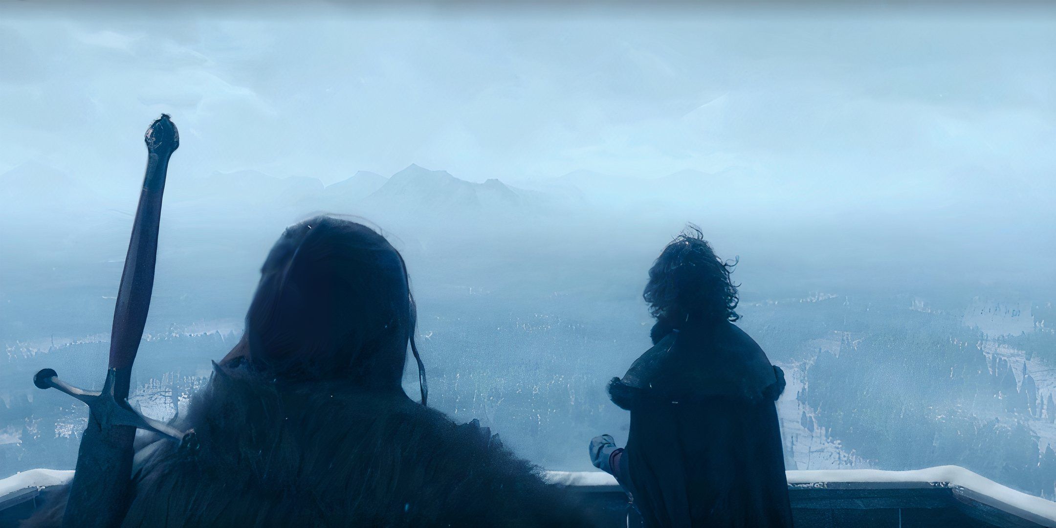 Cregan e Jacaerys olhando para o extremo Norte, no topo da Muralha em House of the Dragon