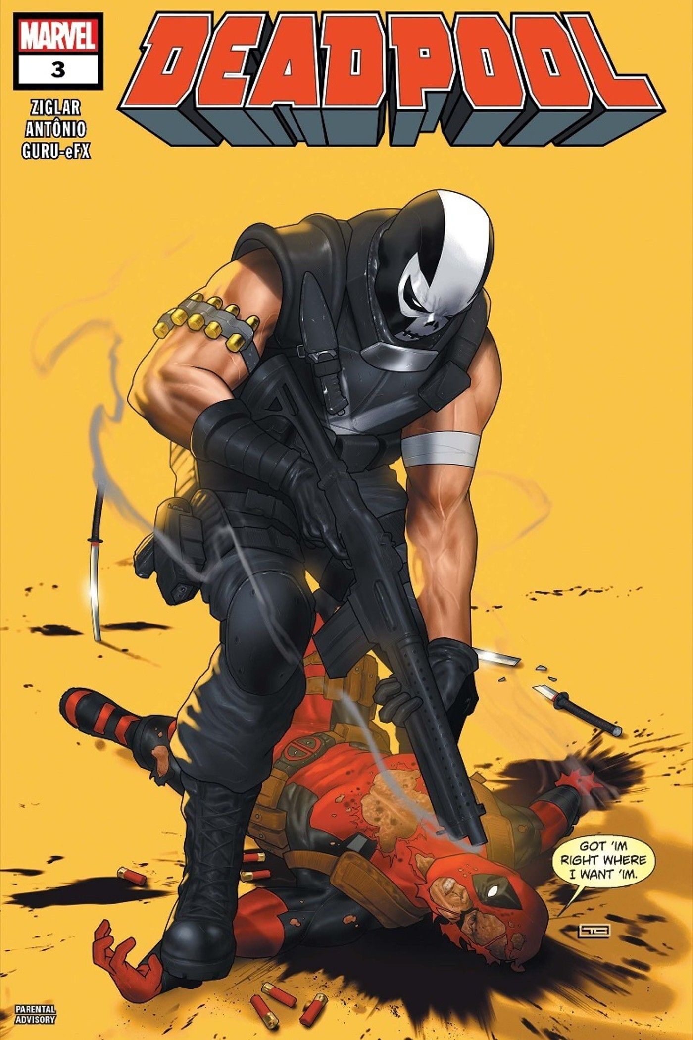 Crossbones puts his gun in Wade Wilson's face on the cover of Deadpool #3