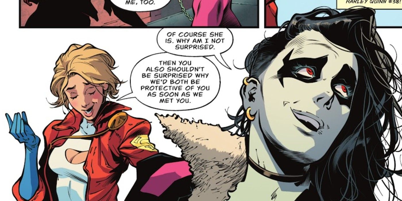 Painéis Power Girl # 10, Crush não fica surpreso ao saber que Power Girl também é amiga de Harley Quinn.