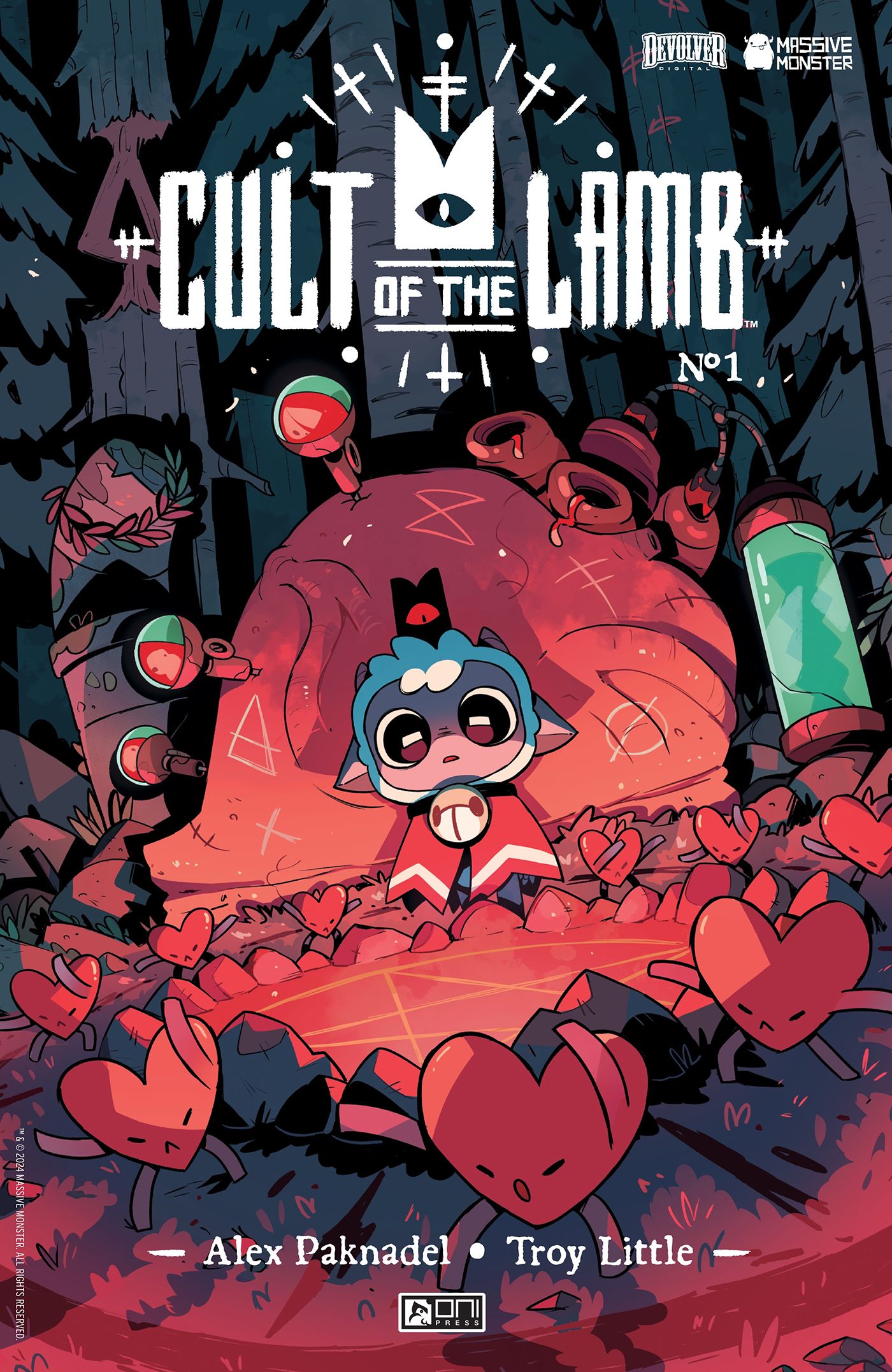 Cult of the Lamb #1 cover by Carles Dalmau. The Lamb stands in front of a pentagram sigil, surrounded by hearts.